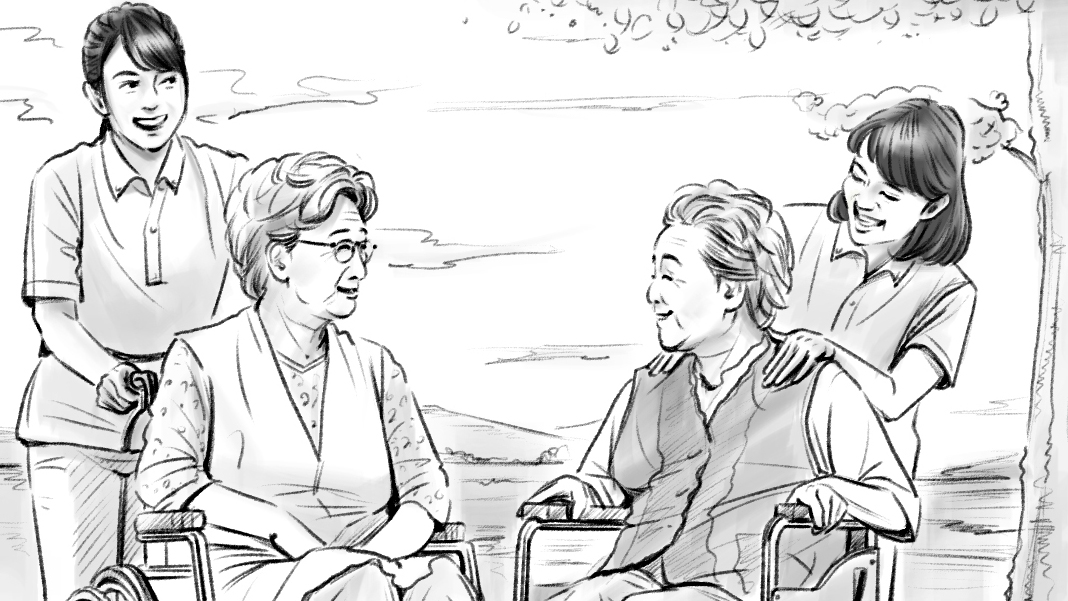 モノクロコンテ　人物　介護